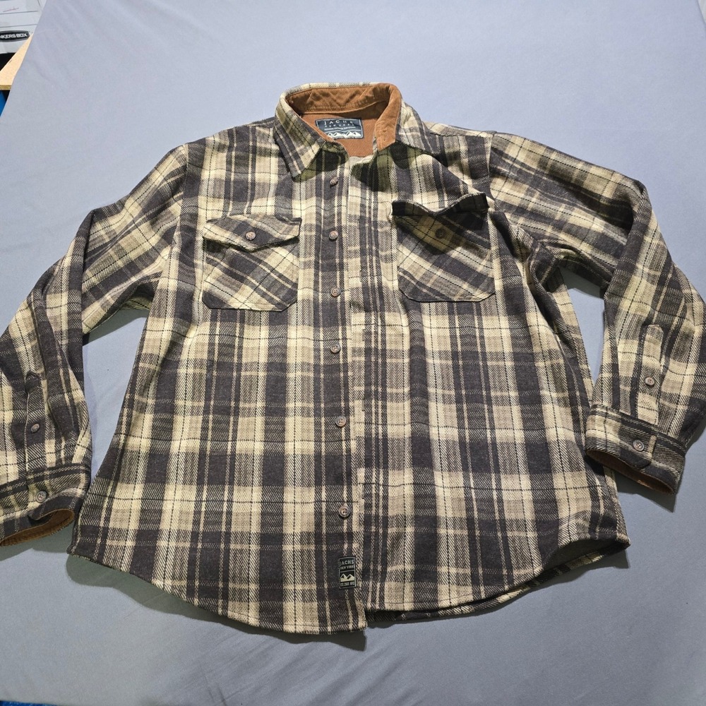 Jachs New York Flannel Shirt Mens XL Brown Plaid Corduroy Trim Stretch